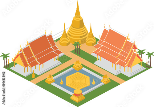 Isometric Thai temple complex, golden pagoda stupa architecture, traditional Buddhist monastery buildings, Southeast Asian cultural landmark illustration
