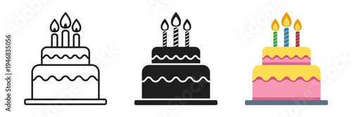 Happy birthday cake icon set collection in flat style. Pie with candles vector illustration on isolated background. Sweet dessert sign business concept.