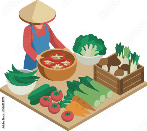 Isometric vegetable market scene, Asian farmer selling fresh organic vegetables, healthy food ingredients display, farm produce illustration