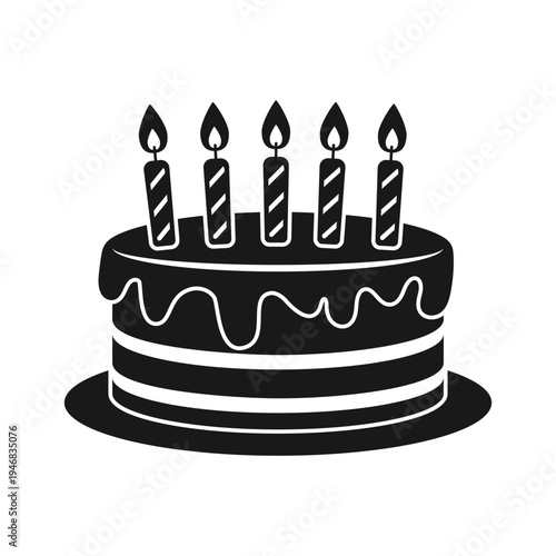 Happy birthday cake icon silhouette in flat style. Pie with candles vector illustration on isolated background. Sweet dessert sign business concept.