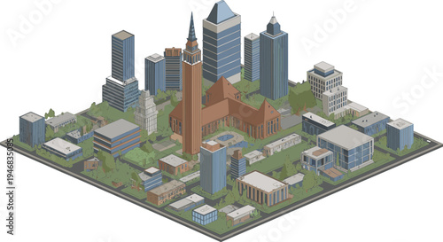 Isometric university campus cityscape, modern educational buildings, academic architecture complex, college skyline illustration, urban campus environment, detailed 3D isometric city