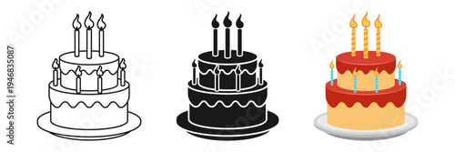 Happy birthday cake icon set collection in flat style. Pie with candles vector illustration on isolated background. Sweet dessert sign business concept.