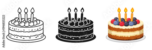 Happy birthday cake icon set collection in flat style. Pie with candles vector illustration on isolated background. Sweet dessert sign business concept.