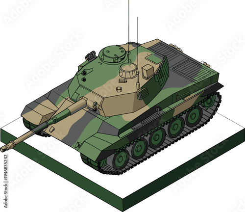 Military tank isometric illustration, armored combat vehicle with cannon and camouflage, modern army defense equipment, battlefield technology concept design