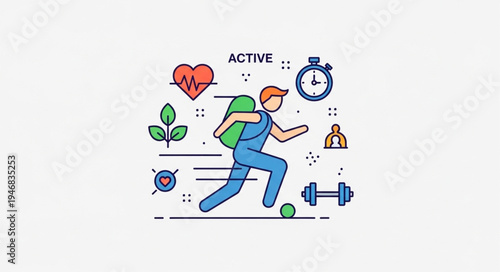 Man running with backpack and fitness icons.