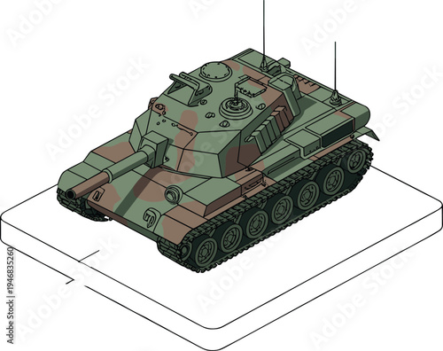 Military tank isometric illustration, armored combat vehicle with camouflage and cannon, modern army defense equipment, battlefield warfare technology concept