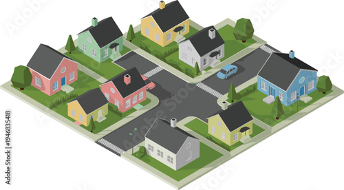 Suburban neighborhood illustration, colorful houses street intersection map, residential community isometric city block, suburban homes real estate concept