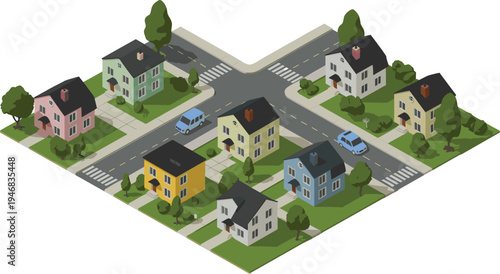 Suburban neighborhood intersection illustration, colorful residential houses community map, suburban street layout isometric city block, housing development concept