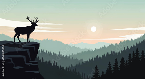Vector flat design illustration of a majestic stag standing on a rocky outcrop overlooking a serene mountain landscape at sunset.