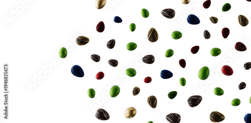 Abstract colorful Easter egg composition floating against a white background. Easter concept. Festive and joyful design.