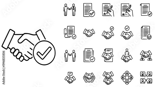 Outline Vector Graphic Icon Set Representing Business Agreement Confirmation Handshake Deal Contract Signing Partnership Success and Legal Document Approval Collection