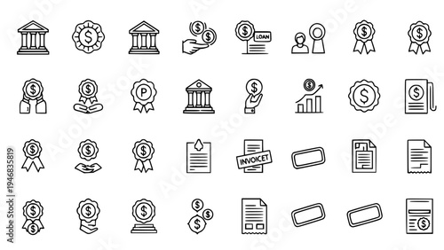 Collection of Outline Finance and Banking Icons Representing Transactions Credit Approval Loans Payments Budget Audits Invoices Payments Cleared Status and Currency Symbols for Web Design