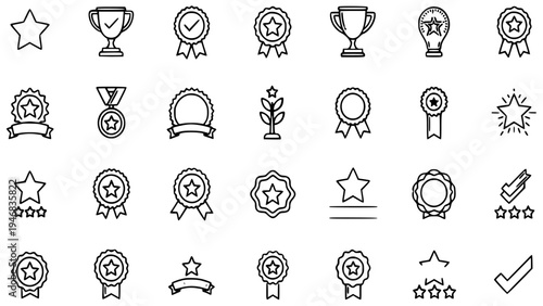 Collection of Black Outline Achievement Awards Icons Representing Quality Certification Excellence Victory Recognition Rating Progress and Best Choice Selection for Web Design Elements