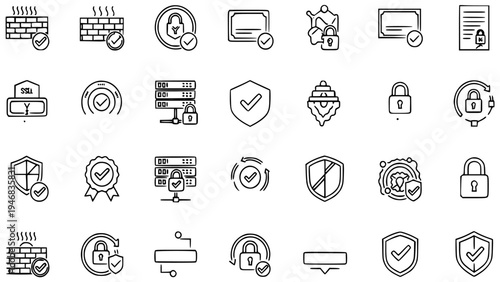 Cybersecurity vector line art illustration icon set with various security elements, including firewalls, padlocks, shields, servers, and SSL certificates, depicting robust data protection