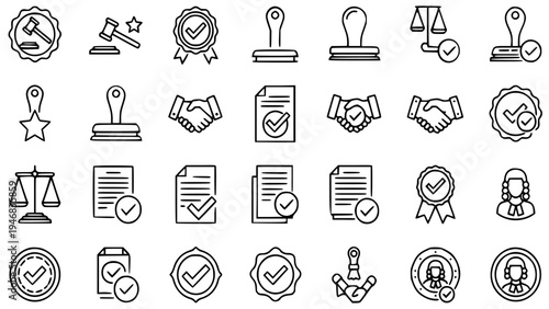Legal and business compliance vector icon set illustration featuring essential line graphics for justice, contract approval, certified documents, agreements, and official verification processes.