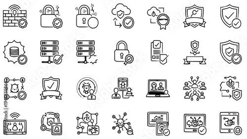 Collection of Internet Network Security, Digital Information Privacy, Cloud Safety, SSL Encryption, Firewall System, Server Compliance, Certified Approval, and Virus Threat Defense Technology Symbols.