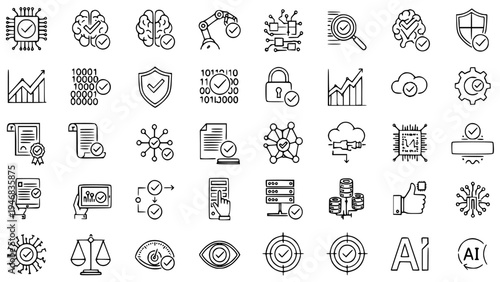 Verified Technology Icons Set for Artificial Intelligence Data Security Blockchain Concept Collection Featuring Circuitry Process Flow Chart Compliance Digital Auditing Standards