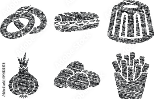 Hand drawn kitchen ingredients in black and white sketch for recipe book