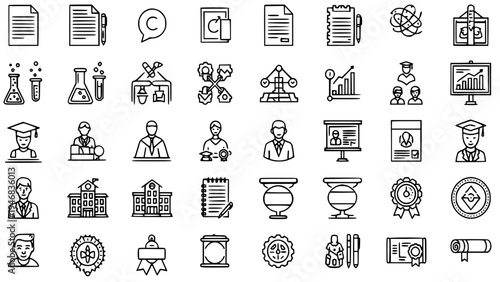 Comprehensive vector illustration icon set featuring various academic and education-related symbols for learning, research, and achievement. This graphic collection includes elements like graduation
