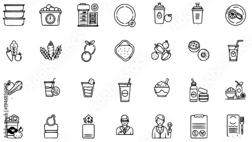 Black and white simple outline icon set collection representing nutrition concepts, healthy eating habits, meal preparation, dietary supplements, and professional dietitian services.