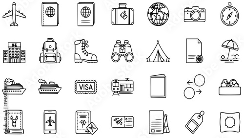 Collection of Various Essential Travel and Tourism Outline Icons Representing Transportation Accommodation Documentation and Leisure Activities for Vacation Planning Design