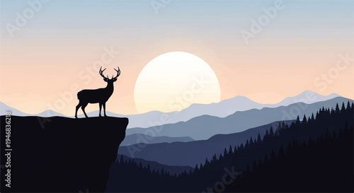 Vector flat design illustration of a deer standing on a cliff edge, overlooking a serene mountain landscape at sunset with warm orange hues.