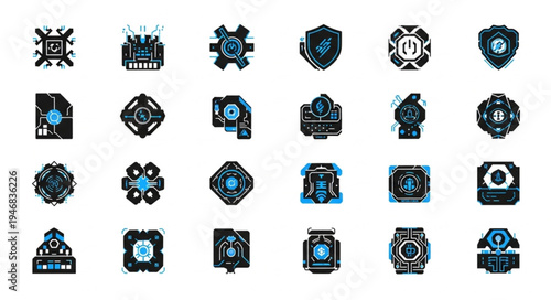 Collection of futuristic technology icons with glowing blue accents.