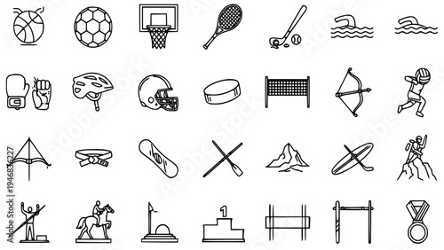 Set of Outline Sports Equipment and Competition Icons Collection Representing Winter Summer Athletics Games Activities for Web Design Interface Applications Infographics Templates