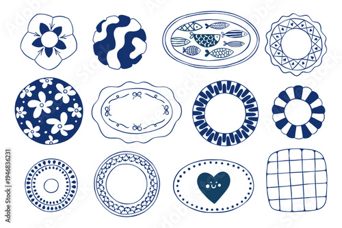 Hand drawn doodle plates collection with decorative patterns Minimal line art ceramic dish in blue mediterranean style Kitchen illustration set for menu design, cafe branding, prints, lifestyle decor