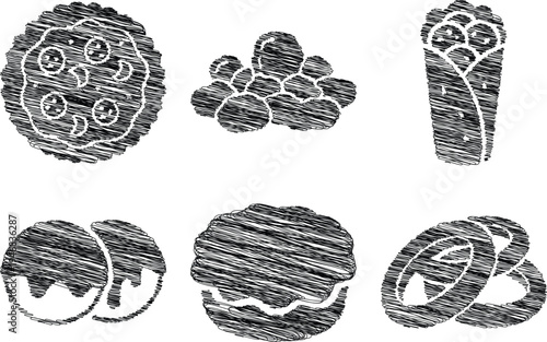 Hand drawn donuts in various styles in black and white sketch on white background for food illustration