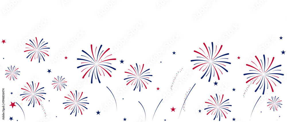 Fototapeta premium Independence Day fireworks banner. Horizontal vector illustration of red and blue patriotic bursts on white background. Flat design for July 4th celebration marketing and web header.
