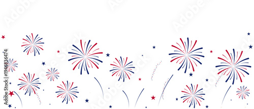 Independence Day fireworks banner. Horizontal vector illustration of red and blue patriotic bursts on white background. Flat design for July 4th celebration marketing and web header.