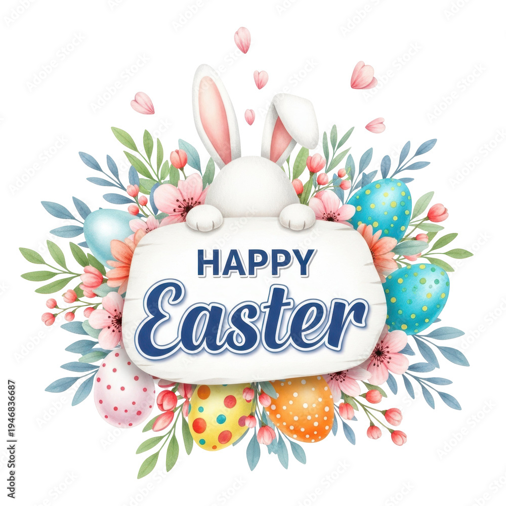Obraz premium decorative happy easter greeting with bunny ears surrounded by flowers leaves and colorful easter eggs isolated on white