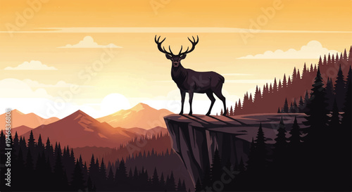 Vector flat design illustration of a majestic stag standing on a cliff edge overlooking a serene mountain landscape at sunset with warm orange hues and silhouetted trees.