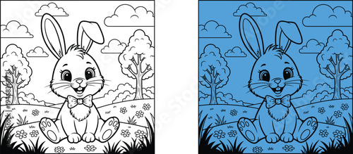 Coloring page of a bunny in a field