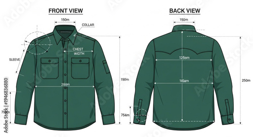 Green Work Shirt Front and Back Views with Measurements.