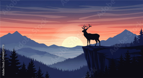Vector flat design illustration of a deer standing on a cliff edge overlooking a serene mountain landscape at sunset with warm orange hues.