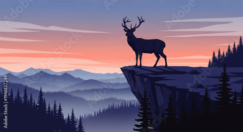 Vector flat design illustration of a majestic stag standing on a cliff edge overlooking a serene mountain landscape at sunset with warm orange hues and silhouetted trees.