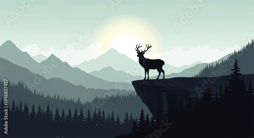 Vector flat design illustration of a deer standing on a cliff edge with mountains and trees in a serene natural landscape at sunrise.