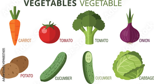 Various common vegetables illustrated in a colorful graphic with labels for easy identification and learning purposes displayed.