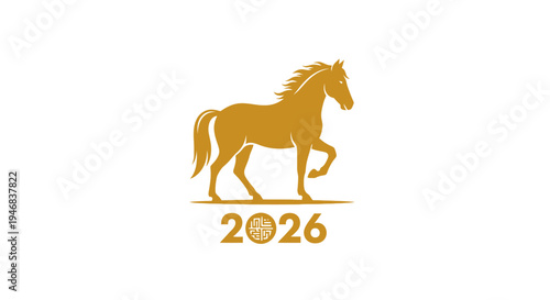 Golden Horse Silhouette with 2026 Chinese New Year Symbol on White Background