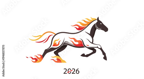 Fiery Horse Galloping, 2026 Year of the Horse Symbol, Dynamic Movement