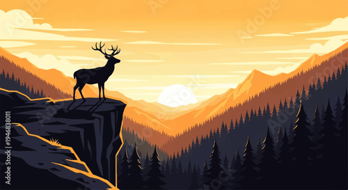 Vector flat design illustration of a majestic deer standing on a cliff edge overlooking a serene mountain landscape with a vibrant orange sunset.