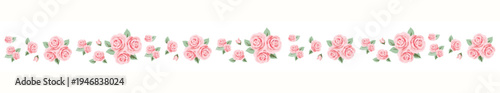 Romantic Pink Rose Seamless Floral Border – Delicate Shabby Chic Garden Ribbon for Fabric, Wallpaper, Wedding Stationery and Packaging