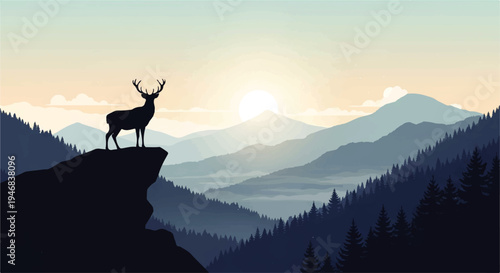 Vector flat design illustration of a deer standing on a cliff overlooking a serene mountain landscape with a sunset in the background.
