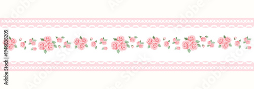 Romantic Pink Rose Lace Ribbon Seamless Border – Elegant Shabby Chic Floral Trim for Fabric, Wallpaper, Packaging and Wedding Stationery