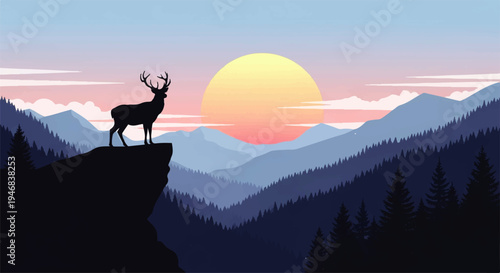 Vector flat design illustration of a deer standing on a cliff overlooking a serene mountain landscape with a vibrant sunset in the background.