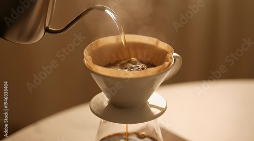 Pouring hot water from a gooseneck kettle into a coffee dripper