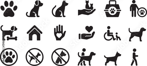 Pet Care and Dog Service Icons Set, Animal Paw, Dog Walking, Pet Adoption, Veterinary and Pet Friendly Signs Vector Icon Collection