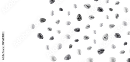 Abstract monochrome image features a pattern of floating organic forms on a white background, creating a minim